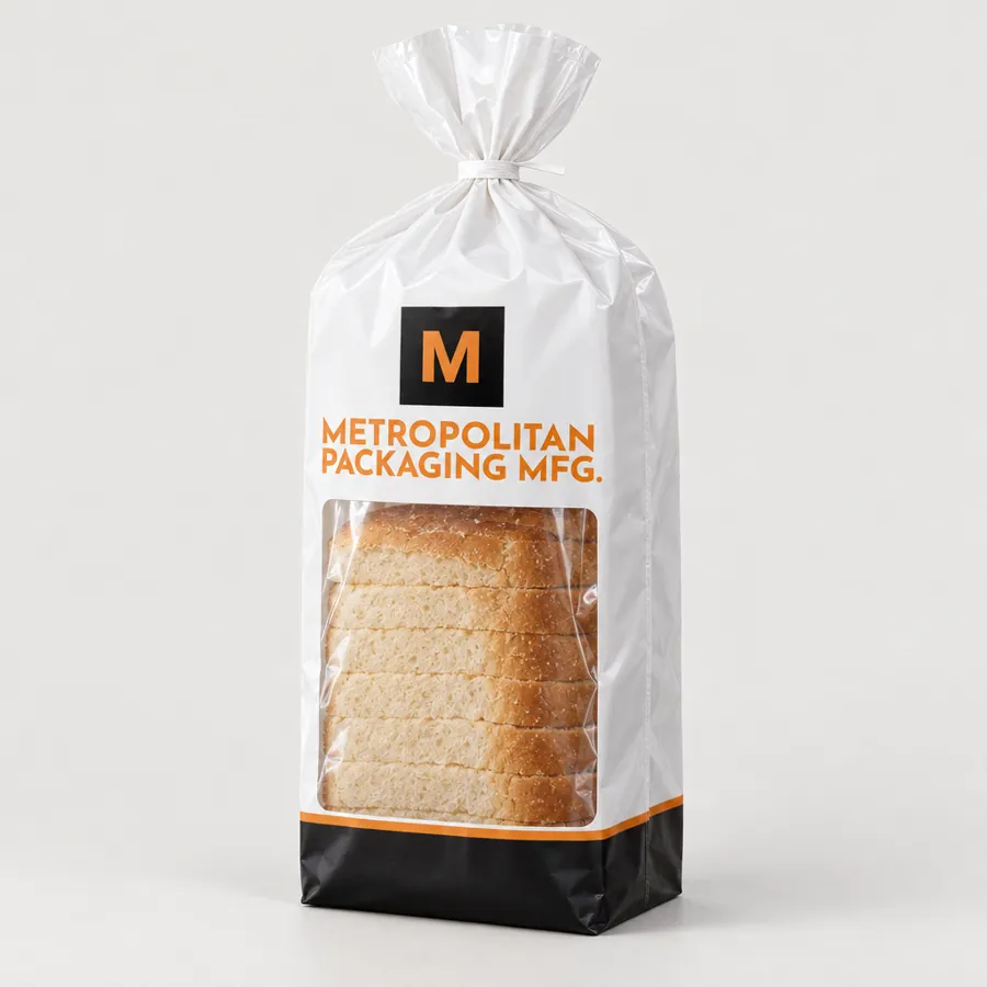 Custom printed bottom gusset poly bread bag with a clear area showing the loaf