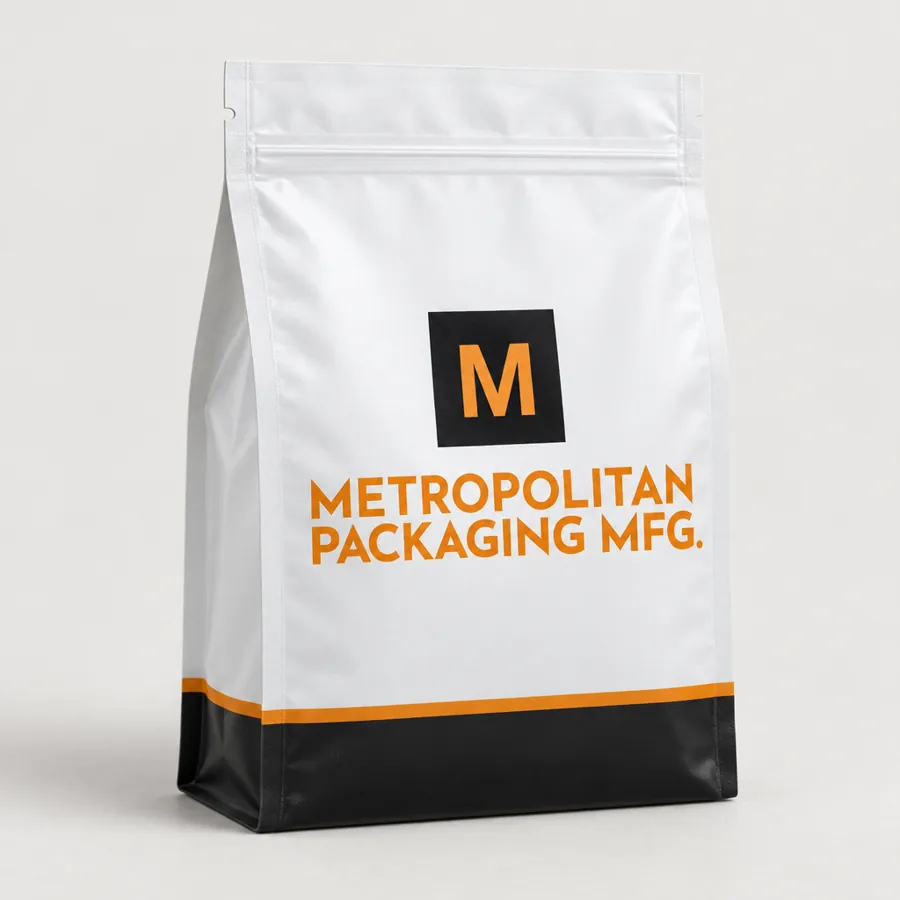 Custom printed flat-bottom box pouch with side gussets and a squared base