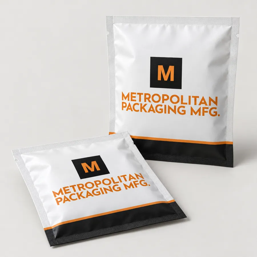 Custom printed flat three-side-seal pouches with tear notches, laid flat