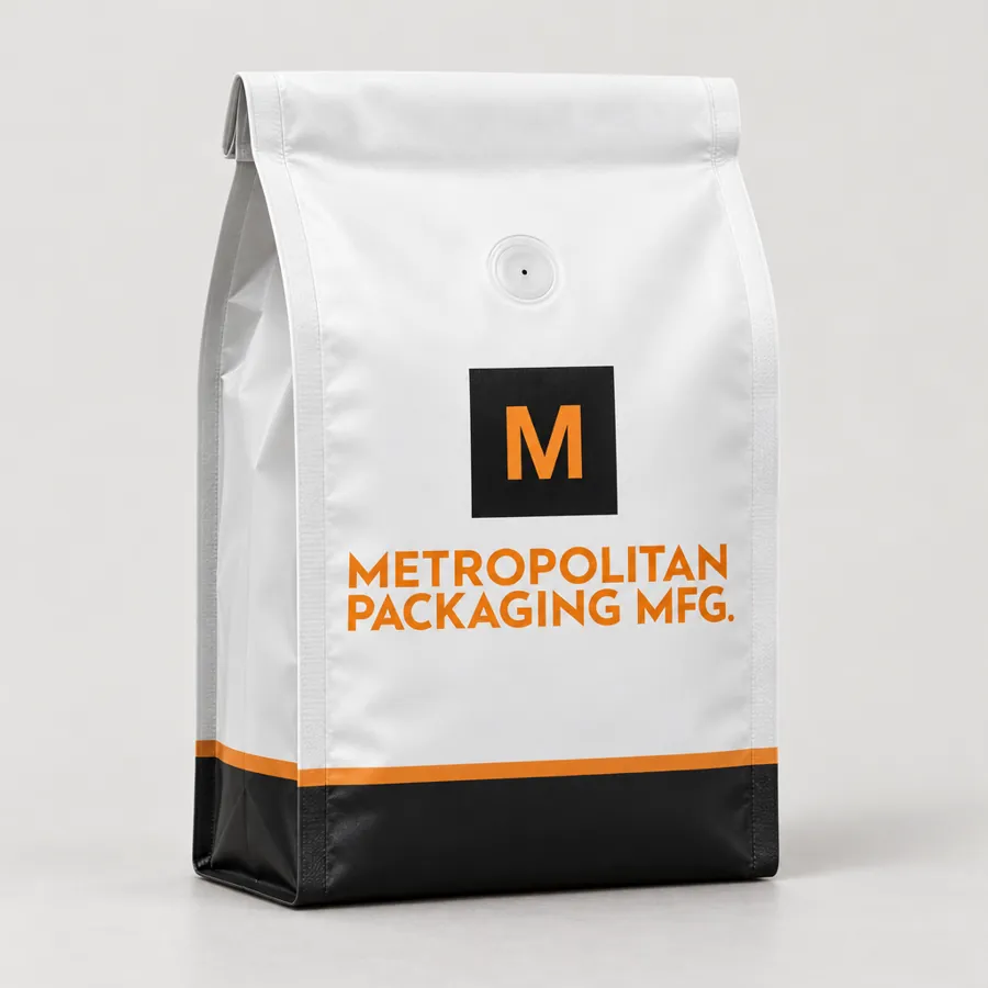Custom printed quad-seal coffee pouch with four sharp corner seals and deep side gussets