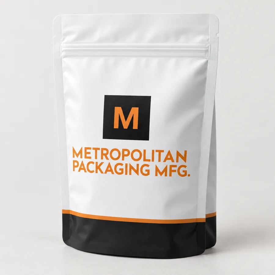 Custom printed stand-up pouch with a resealable zipper and bottom gusset, standing on its own