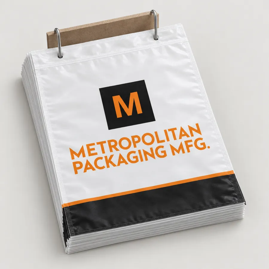 Stack of printed wicketed poly bags on a wire wicket, ready for a bagging line